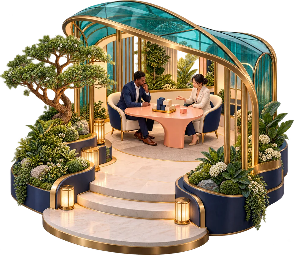 Sculptural illustration of two people talking across a table in a garden pavilion